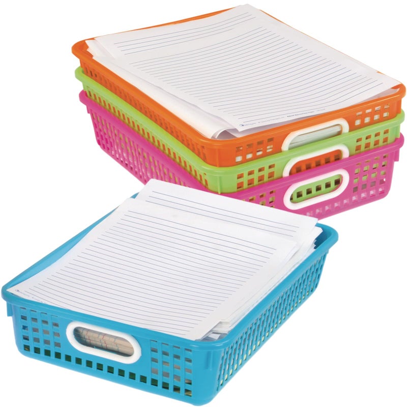 Really Good Stuff Multi-Purpose Small Desktop Paper Storage Baskets, 14" x 10" x 3.25", Set of 4, Neon Group Colors, Classroom Organization, Stackable Mesh Plastic Baskets with Grip Handles - Image 2